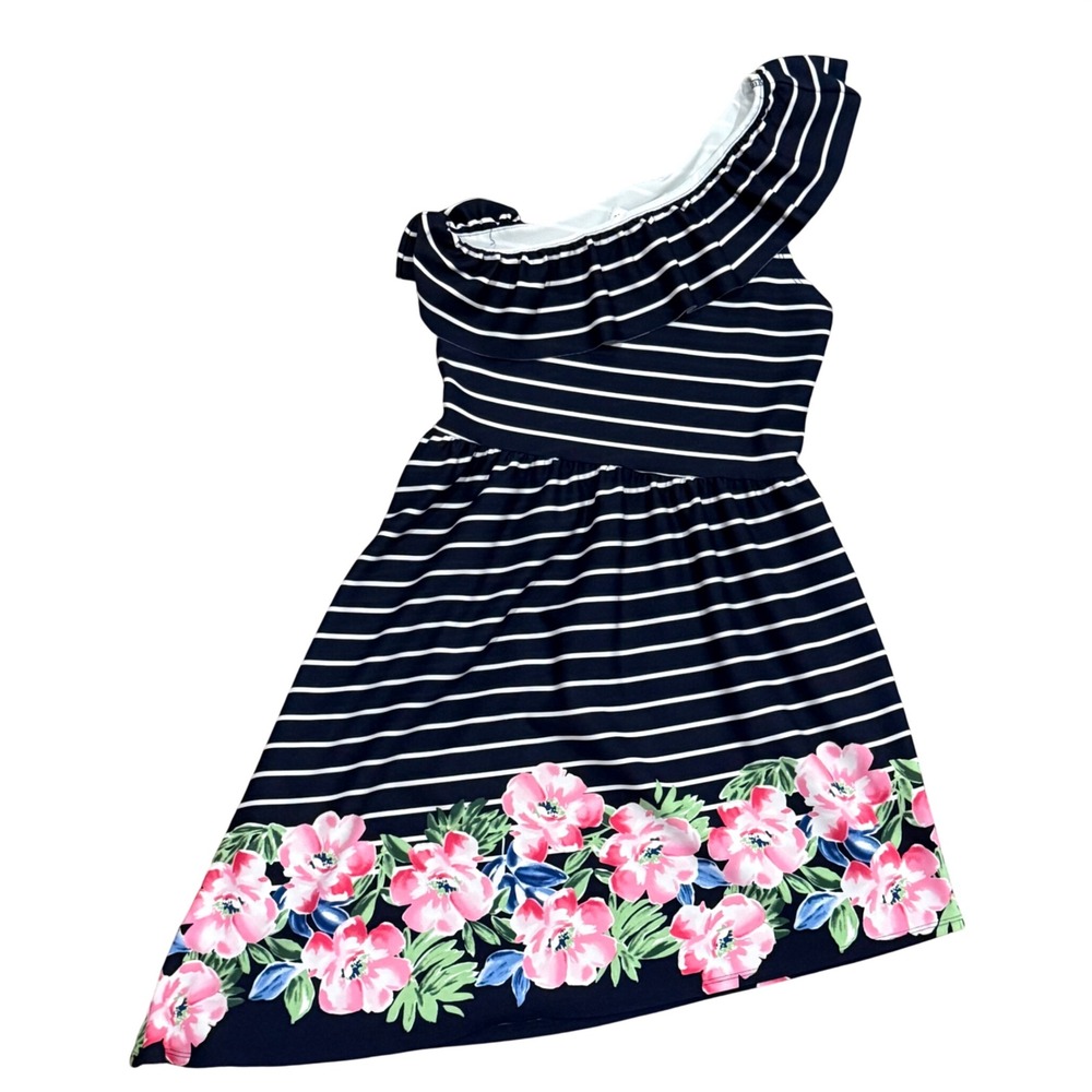 Abercrombie Kids Girls Navy Stripe Floral One Shoulder Ruffle Dress Size M 12